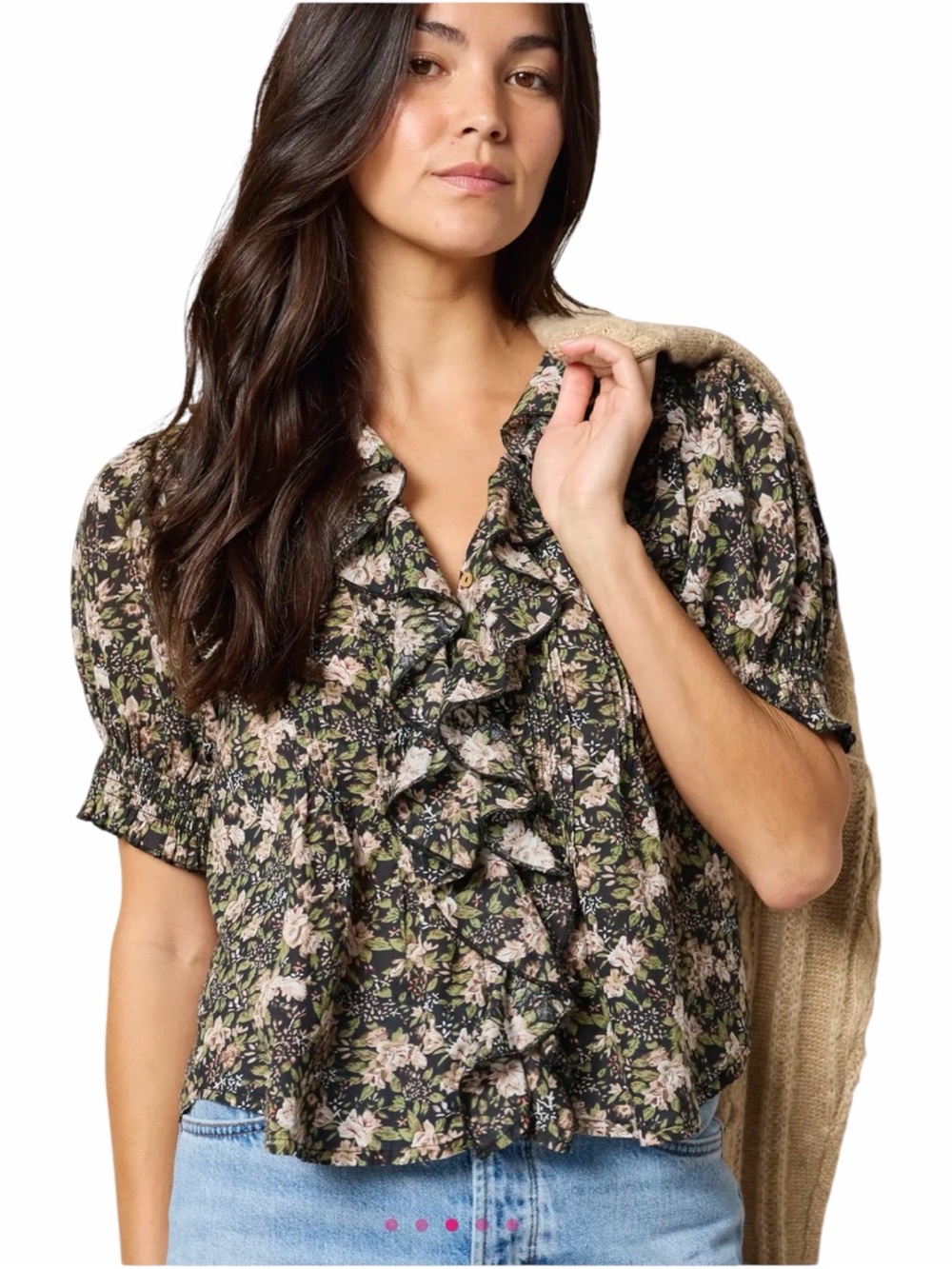 Natural Life My Favorite Cotton Top Black Flung Floral Ruffle Boho Blouse L